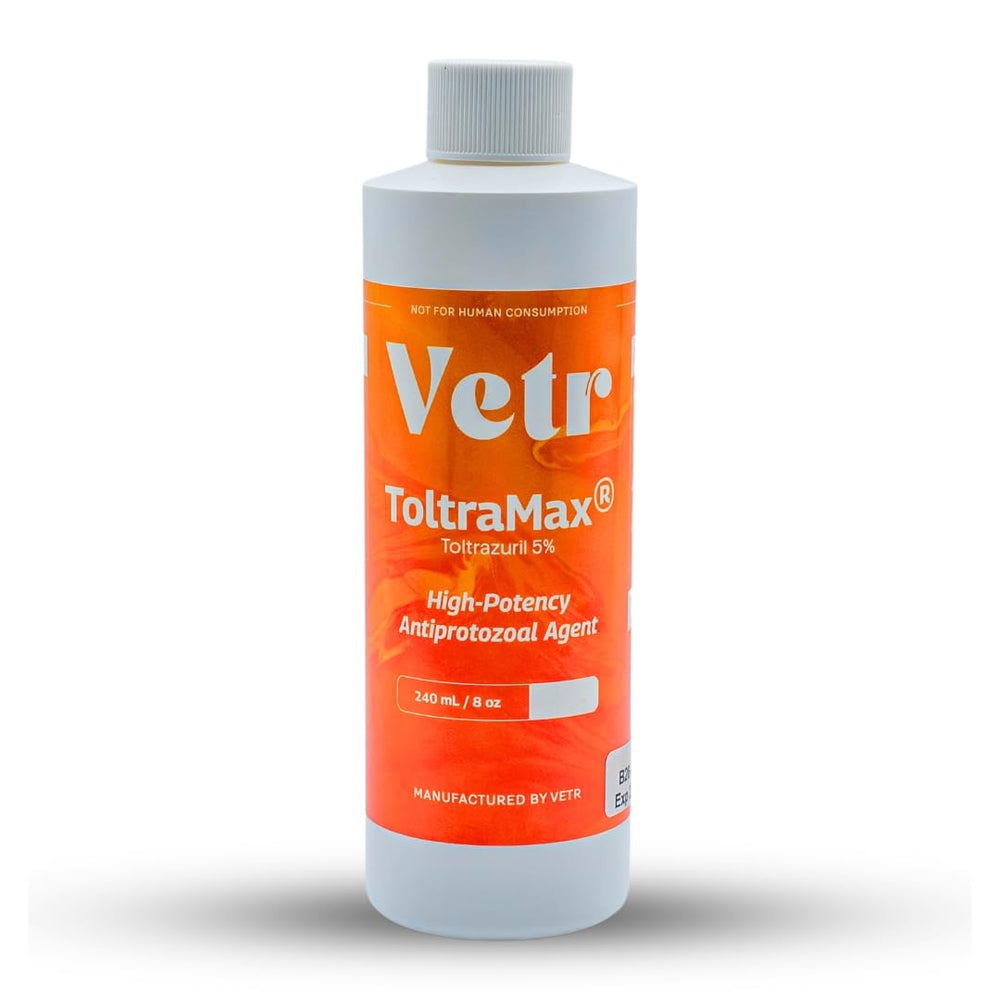 ToltraMax Toltrazuril bottle with 5% suspension for easy home dosing.