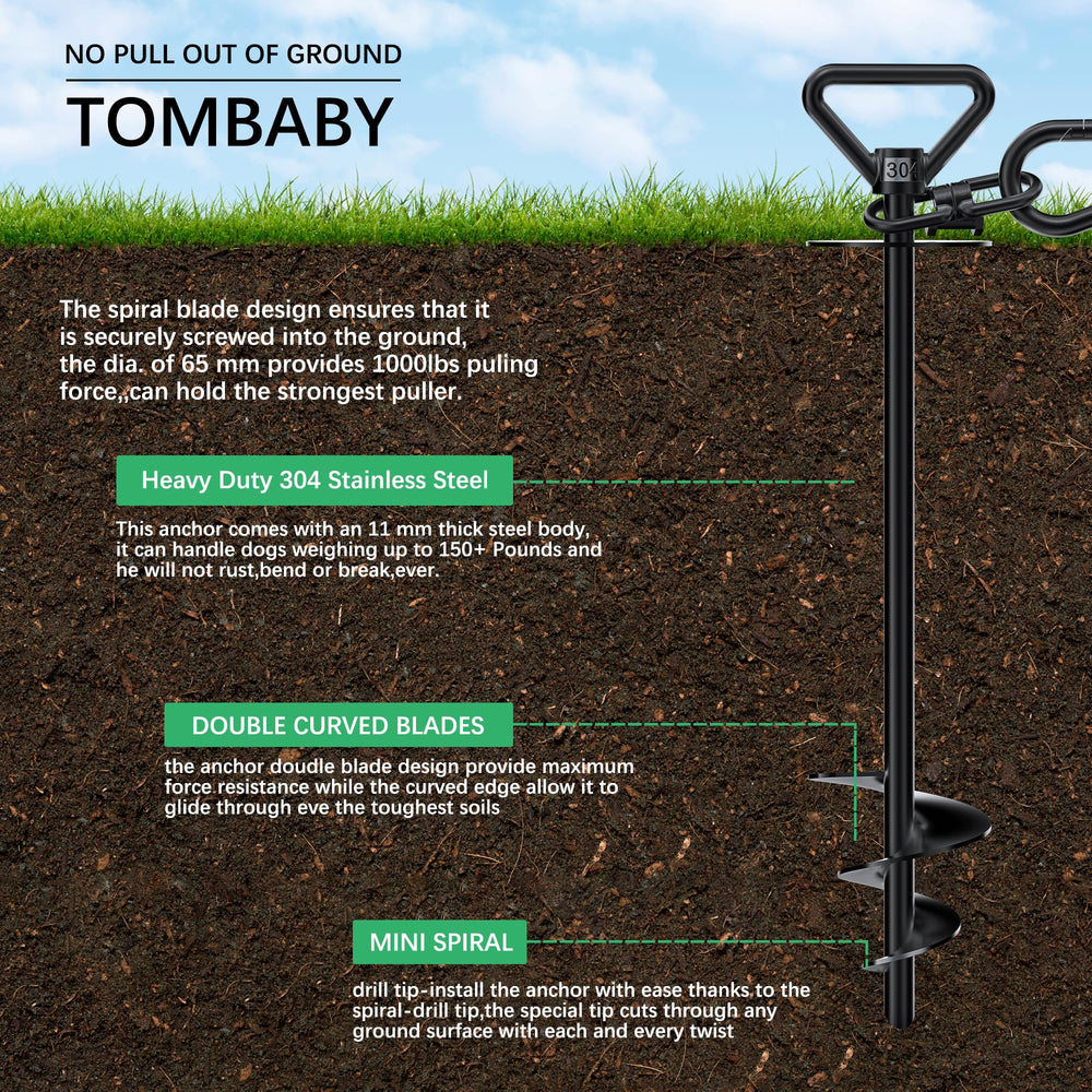 TOMBABY auger-style stake installs quickly into soil for fast setup