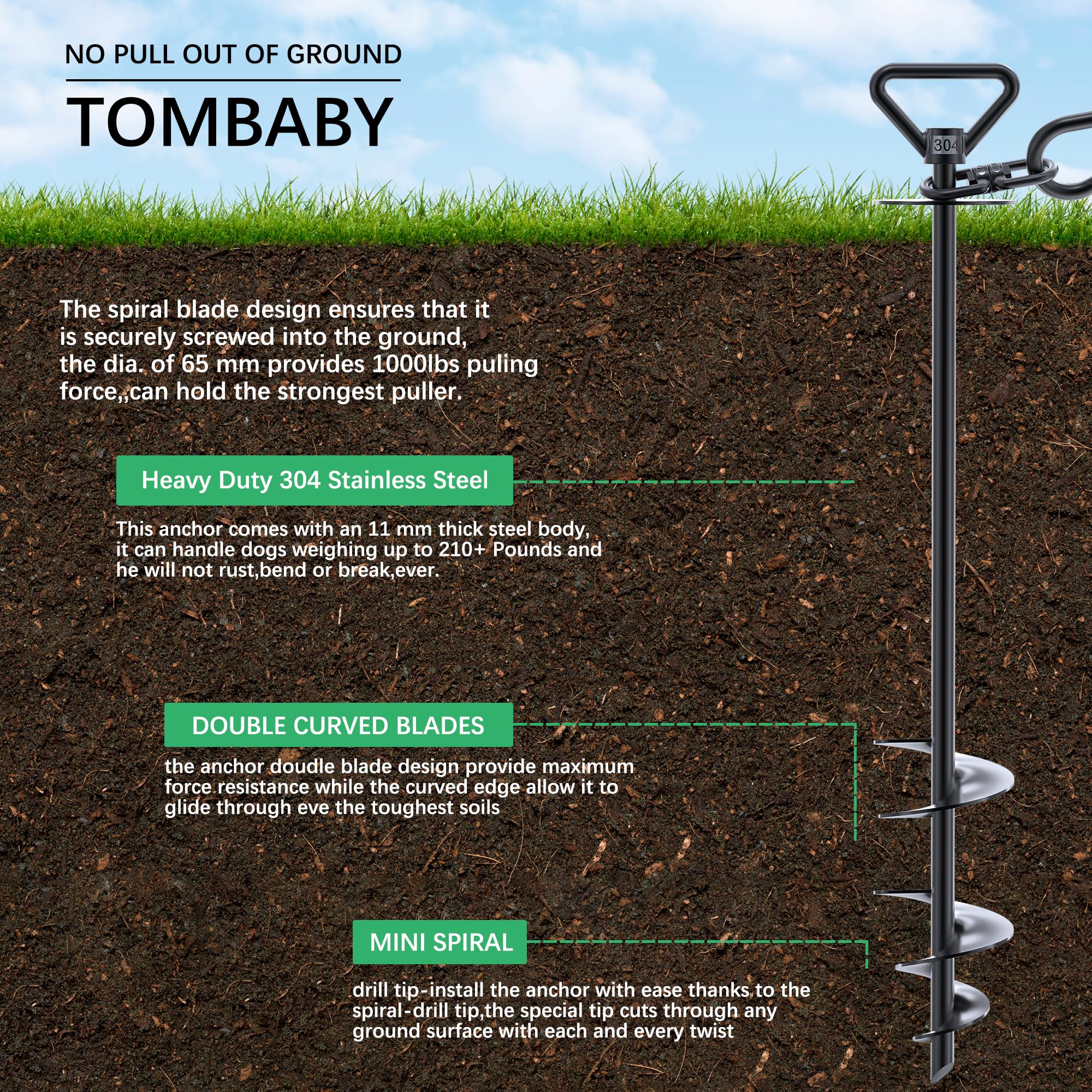 TOMBABY included carabiner, brushes, pole, and manual for setup.