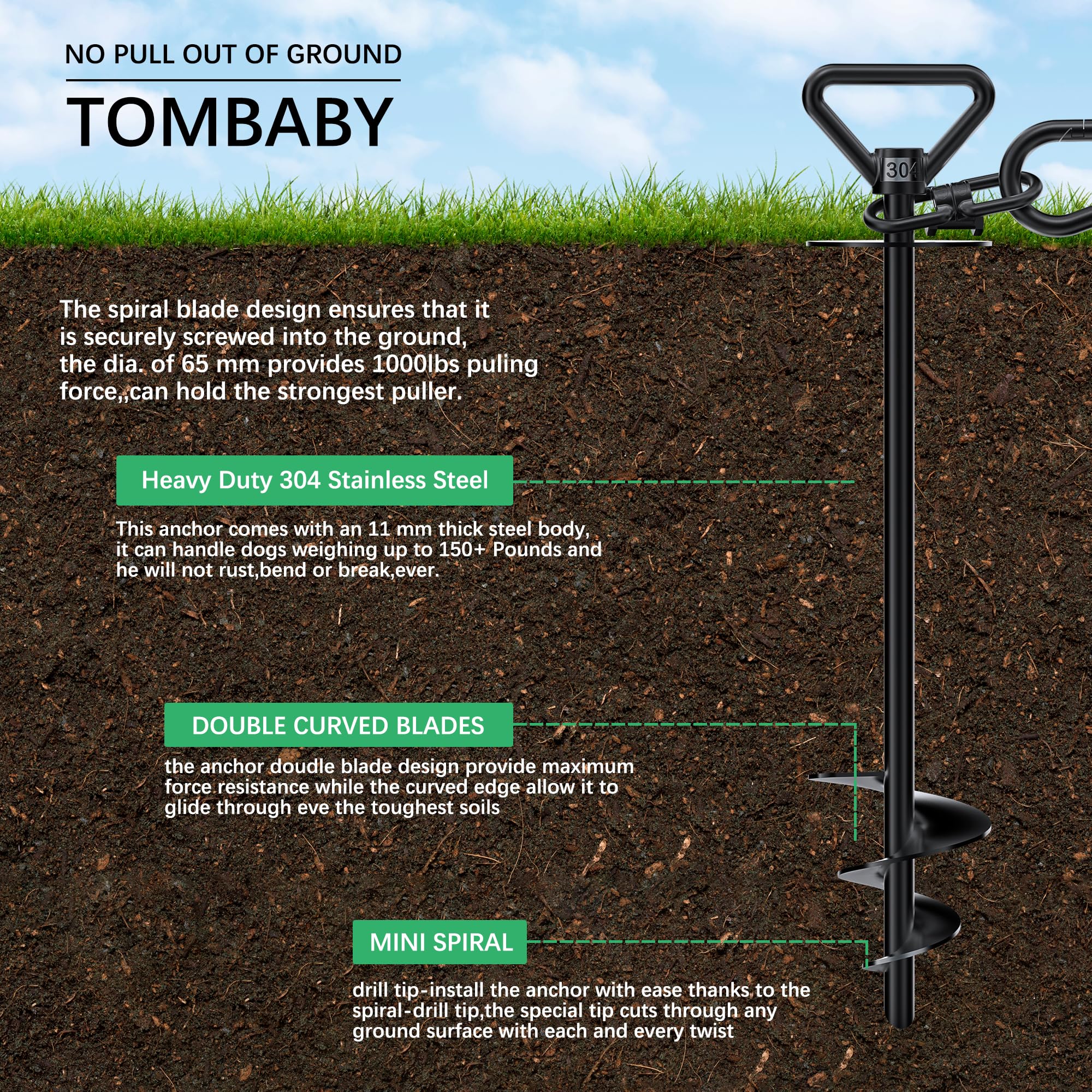 TOMBABY stainless steel carabiner included for secure leash connection