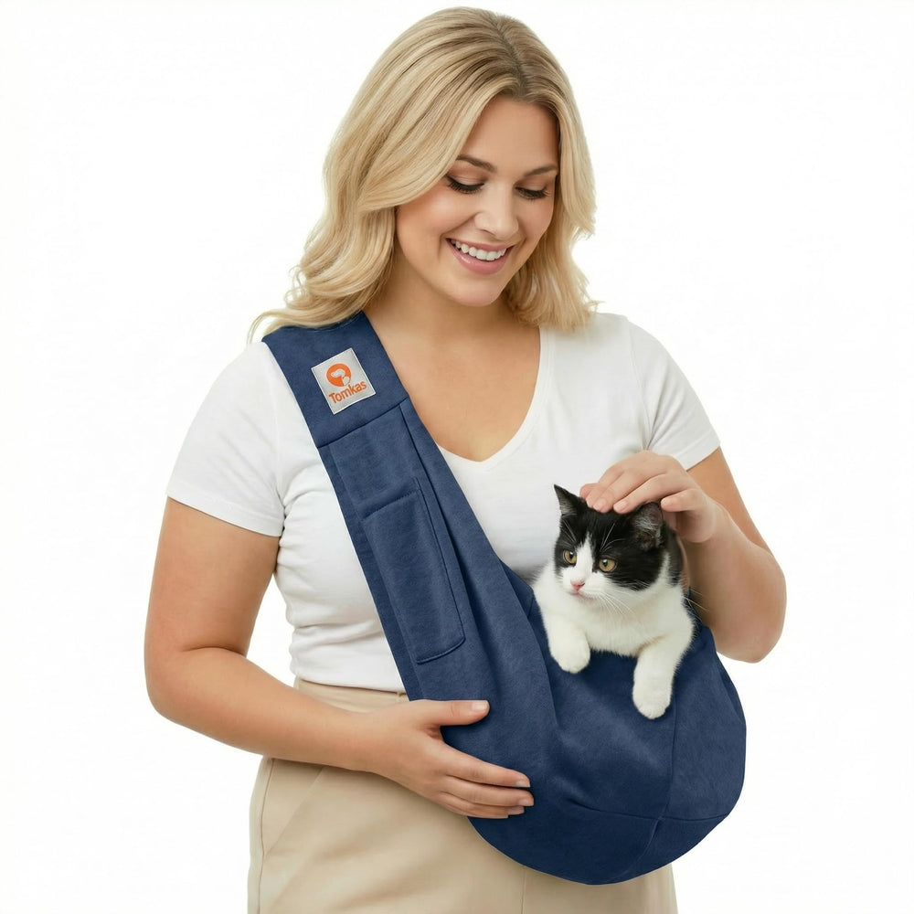 Tomkas dark blue small dog carrier front view for convenient travel.