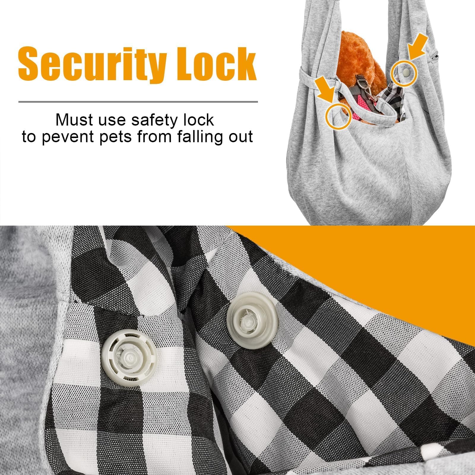 Tomkas dog sling close-up safety buckle emphasizes secure, user-friendly design.