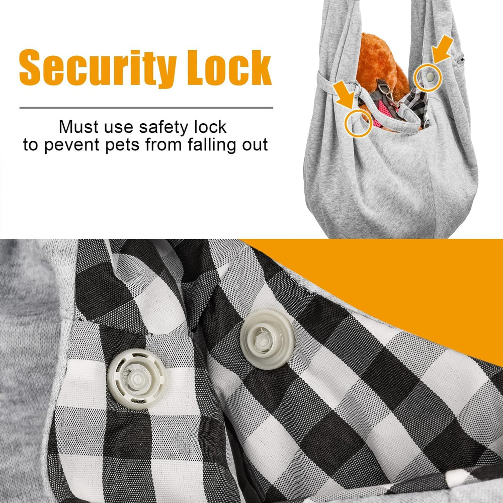 Tomkas dog sling close-up safety buckle emphasizes secure, user-friendly design.