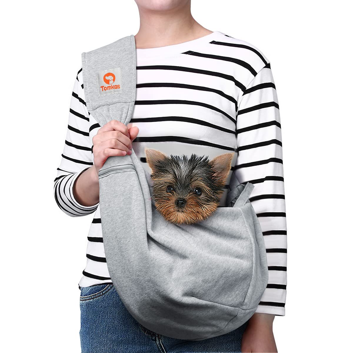 Tomkas dog sling with front opening grey for easy access and small pet comfort