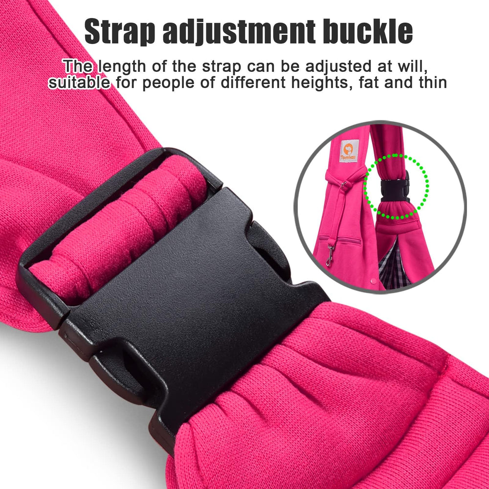 TOMKAS rose red sling showing secure safety buckle for added pet security.
