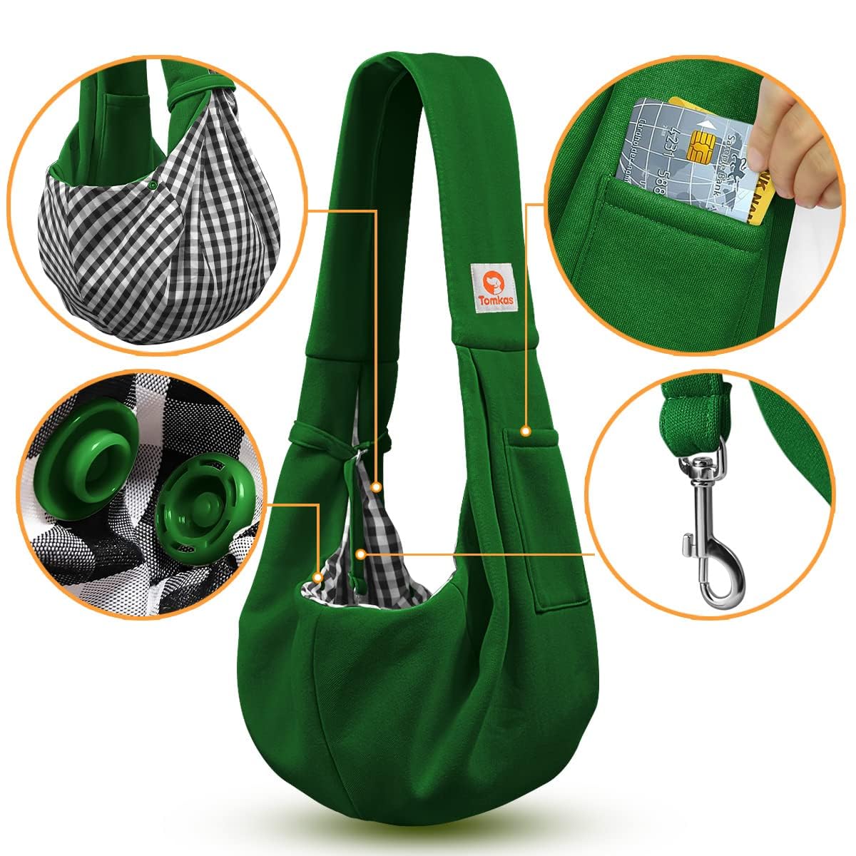 Tomkas emerald sling bag large opening for easy pet loading.