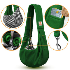 Tomkas emerald sling bag large opening for easy pet loading.