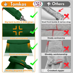 Tomkas emerald green sling bag safety buckle close-up showing secure restraint.