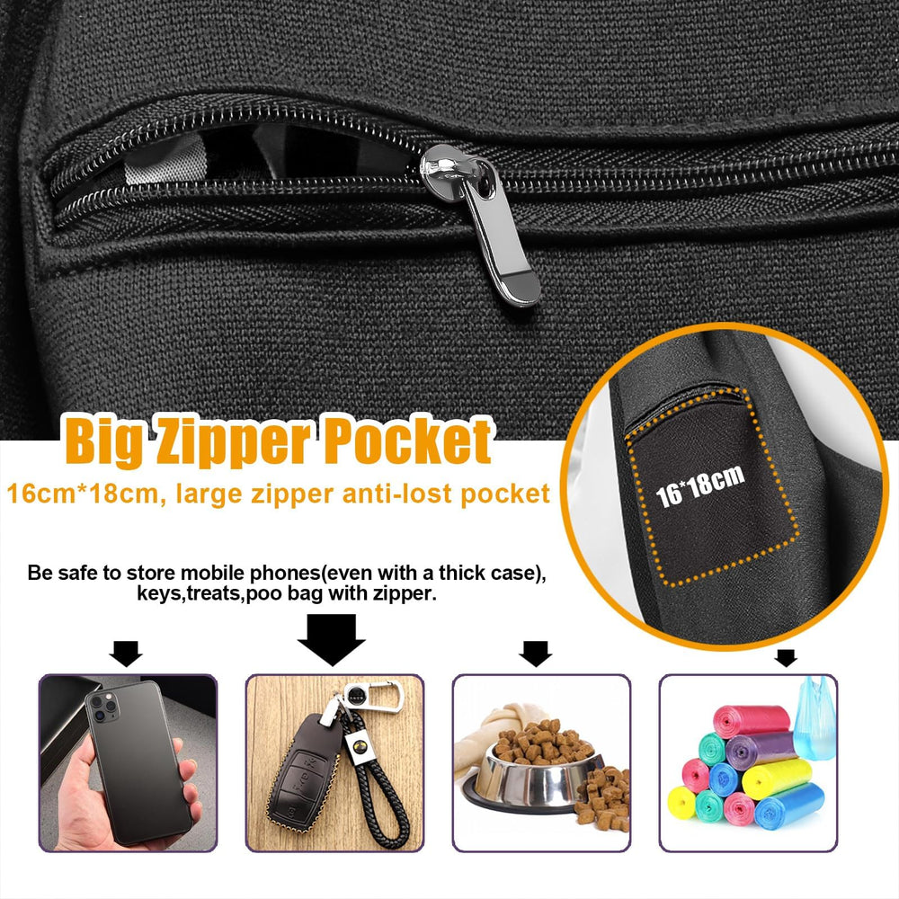 Tomkas front pocket organizes phone, keys, and leash for quick access.