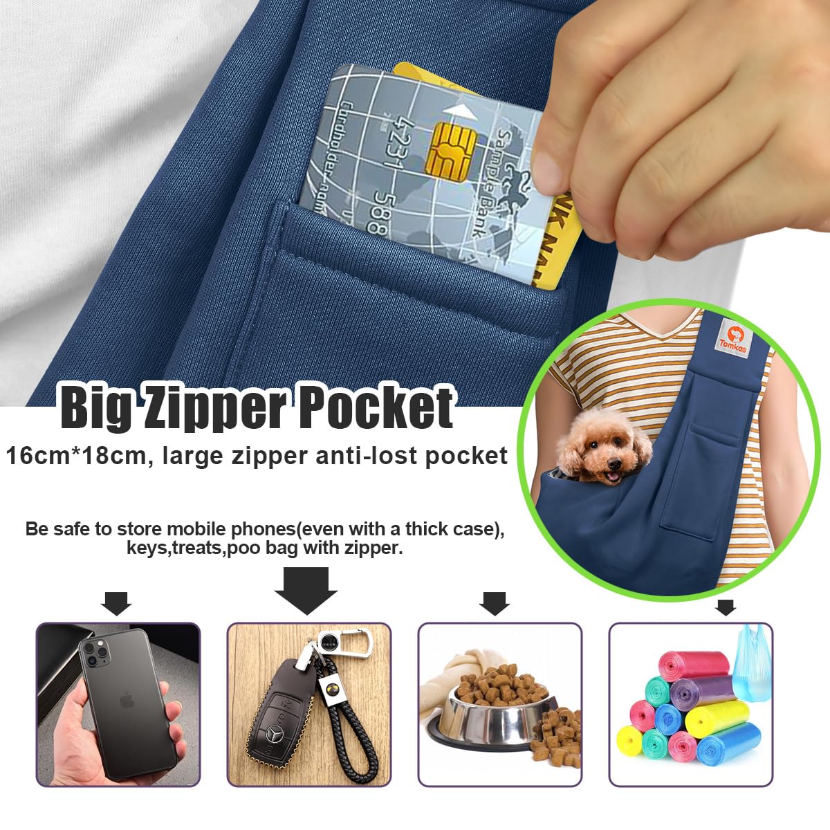 Tomkas front zippered pocket for secure phone and keys.