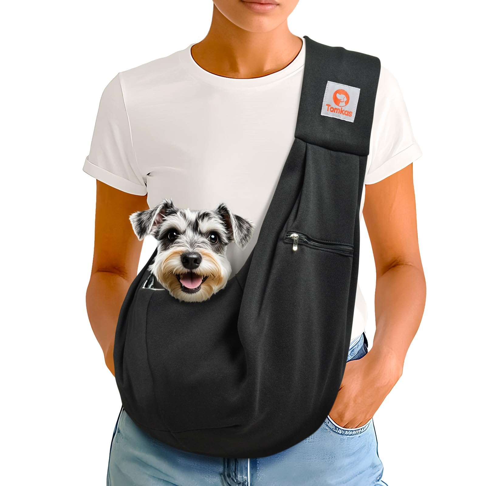 Tomkas front zippered pocket sling carrier keeps essentials secure during outings.