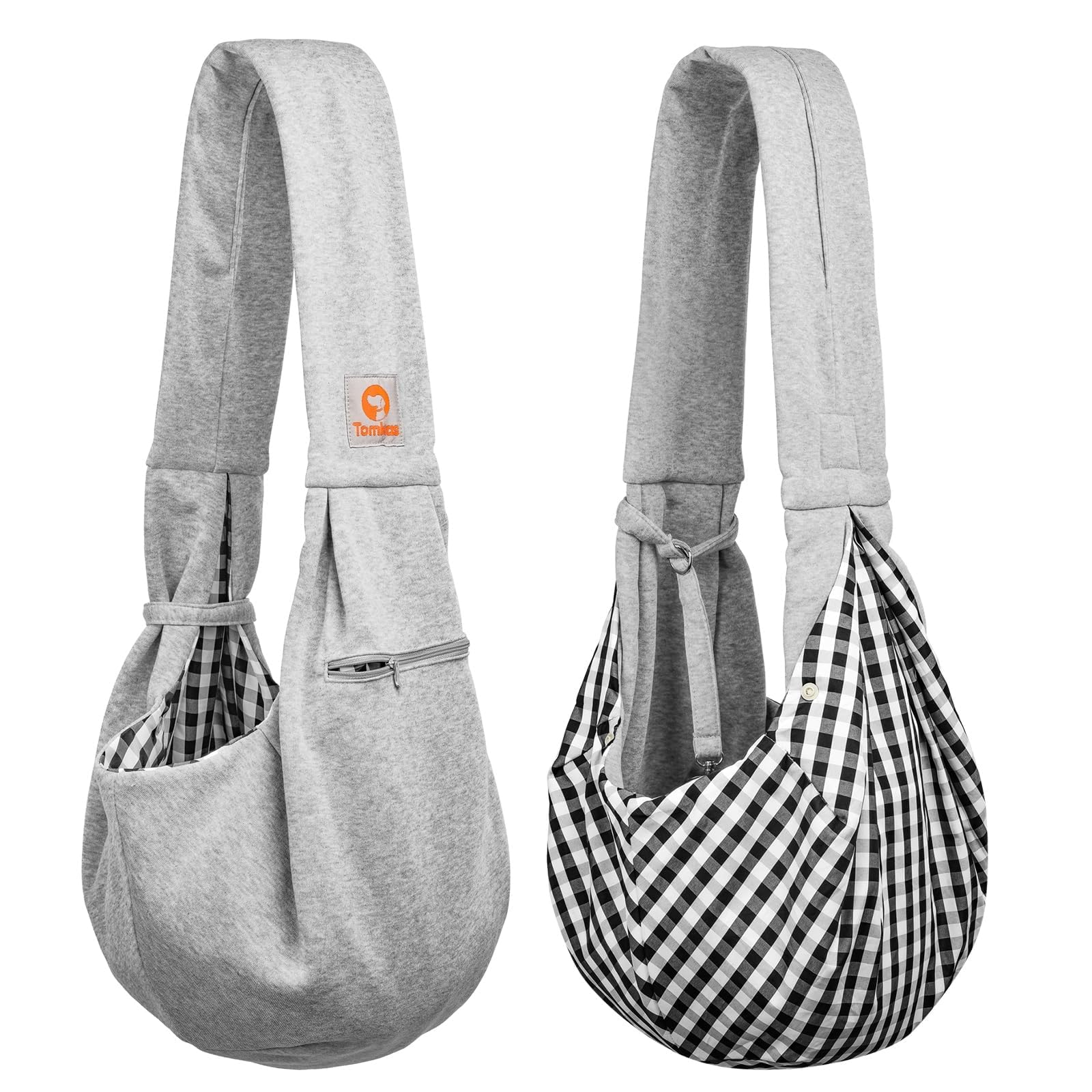 Tomkas grey sling on walk showcases lightweight, comfortable everyday use.