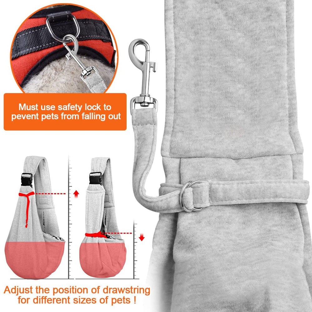 Tomkas Pet sling worn on the chest delivers close-contact comfort.