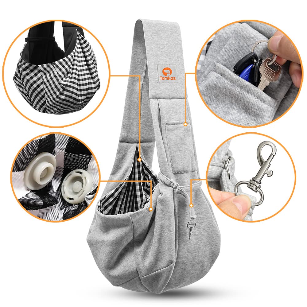 Tomkas puppy sling material closeup shows soft fabric and durable stitching.