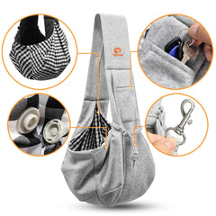 Tomkas puppy sling material closeup shows soft fabric and durable stitching.