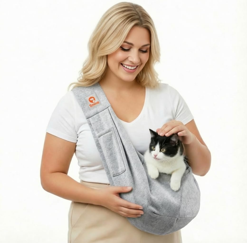 TOMKAS gray sling with large opening for easy pet access.