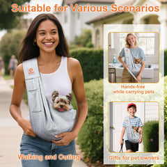 Tomkas small dog sling carrier back view emphasizing comfort and stability.