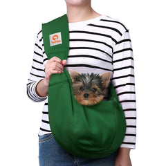 Tomkas emerald green small dog sling carrier provides secure daily comfort.