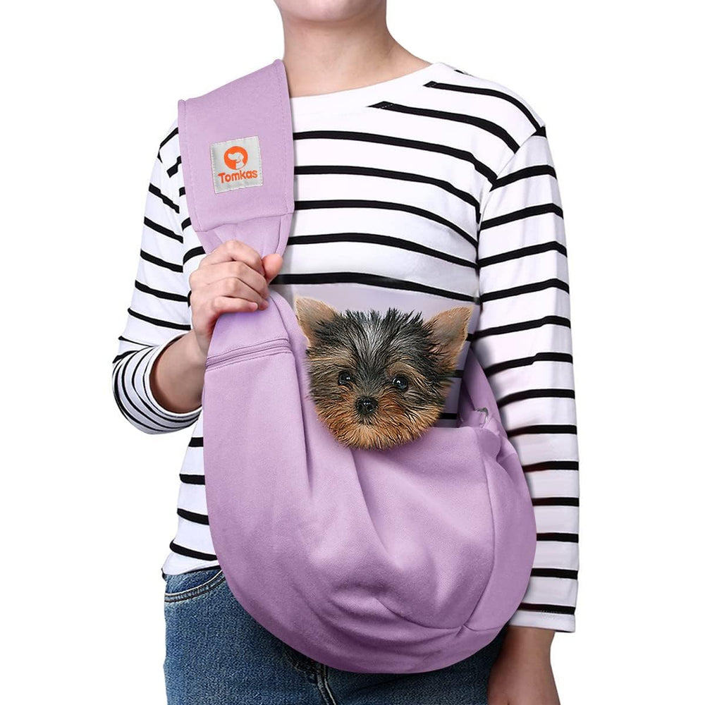 Tomkas small dog sling carrier in light purple; comfortable front view for hands-free carrying.