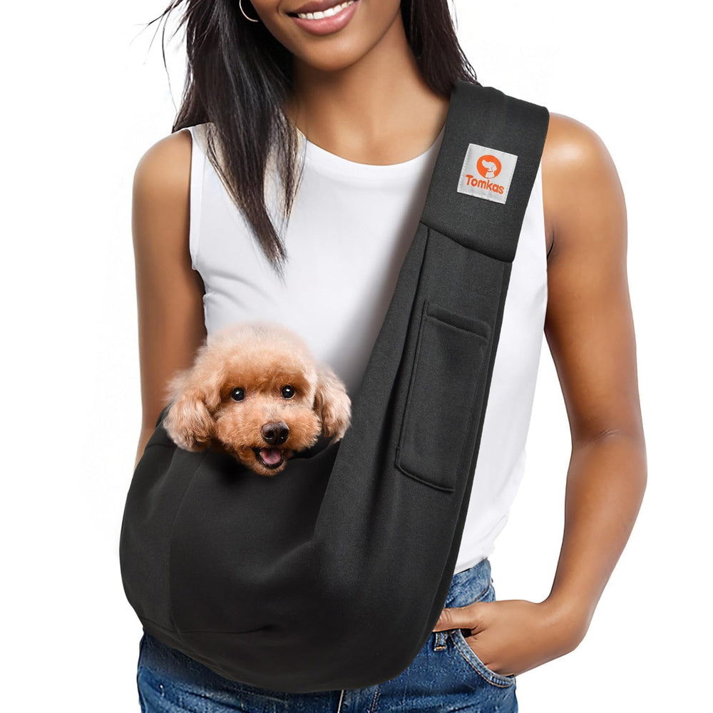 Tomkas small dog sling classic pocket front view for easy on-the-go transport