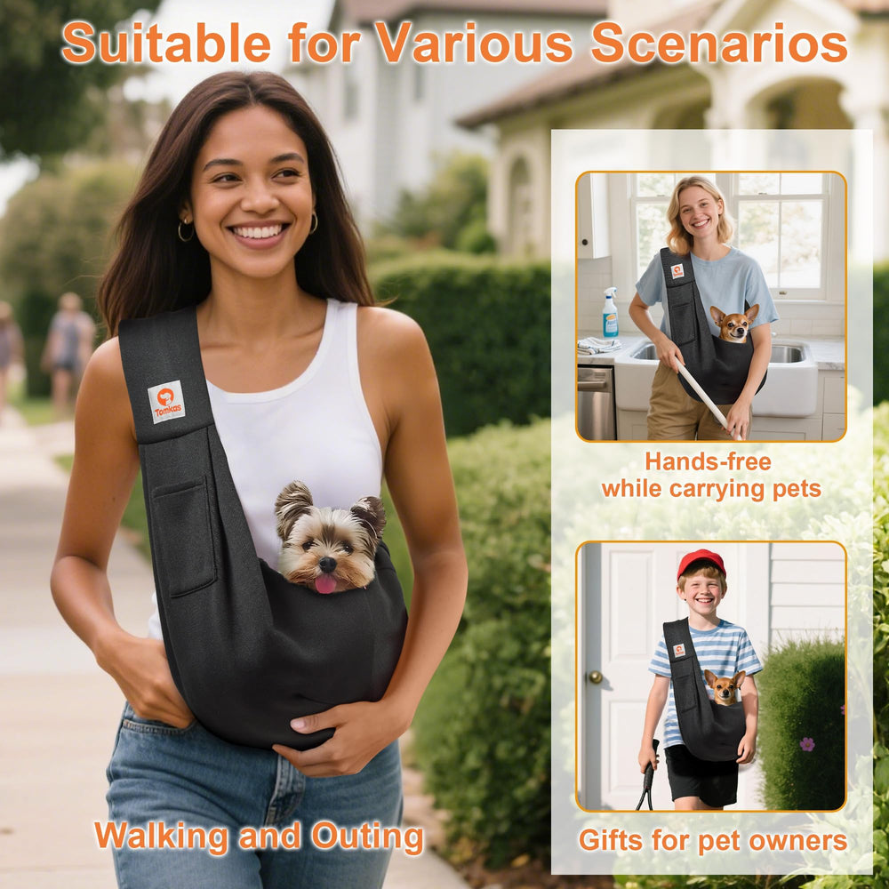 Tomkas small dog sling classic pocket side view ideal for hands-free walks