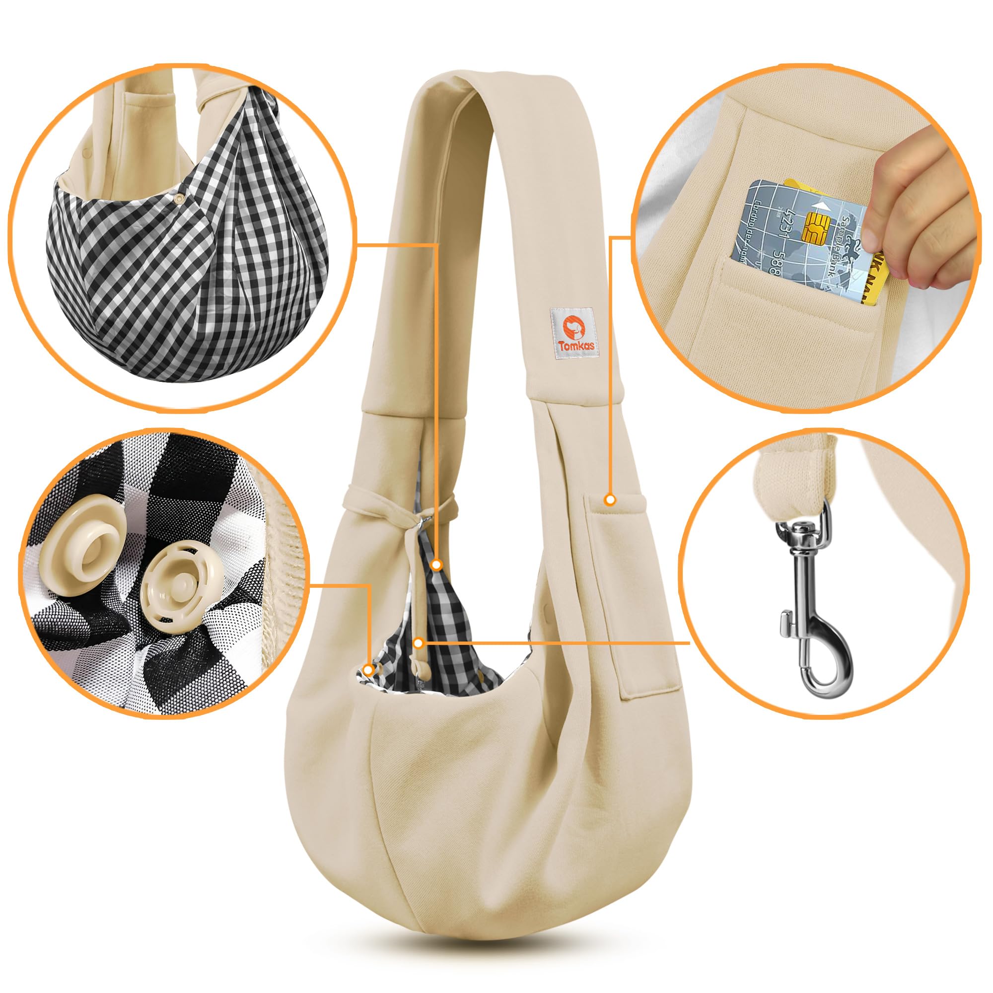 TOMKAS cream sling safety buckle visible to keep your pup secure