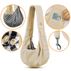 TOMKAS cream sling safety buckle visible to keep your pup secure
