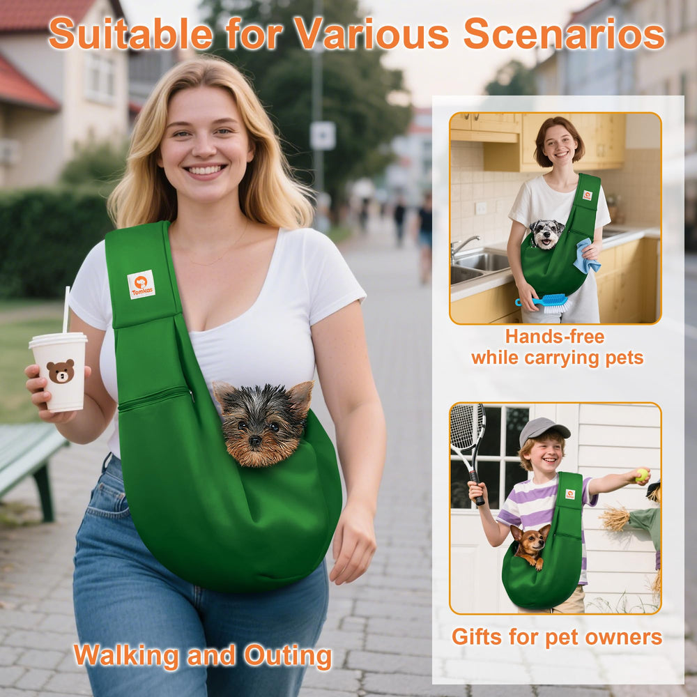 Tomkas dog sling front opening enables easy access during walks.