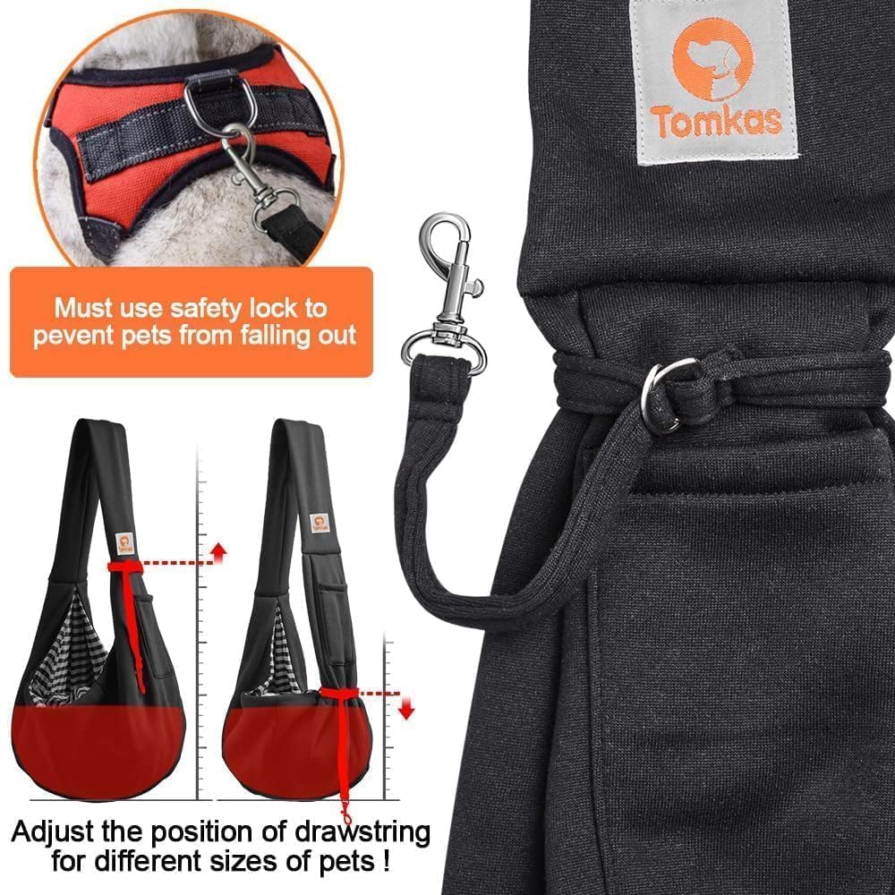Tomkas small dog sling front pocket contents illustrates convenient storage