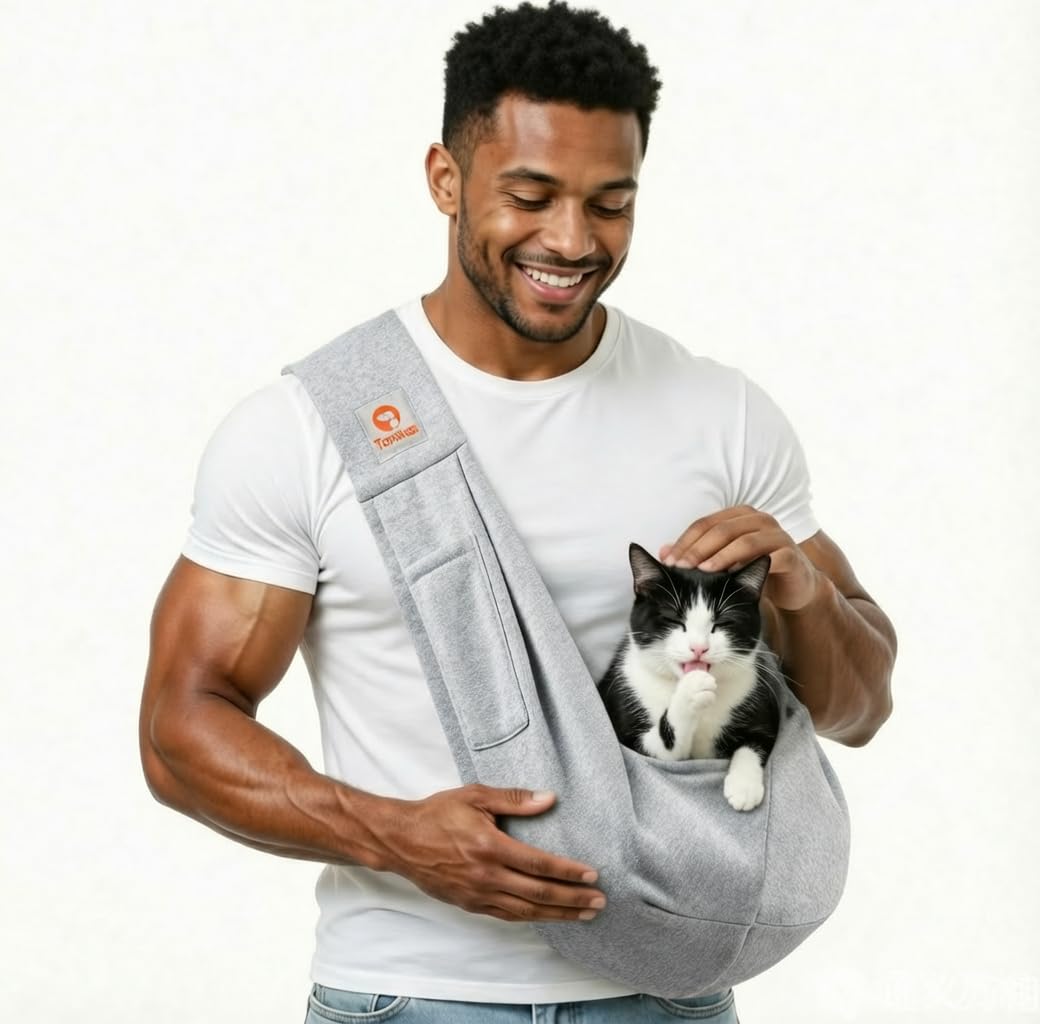 Tomkas small dog sling front view demonstrates easy access for quick pet placement.