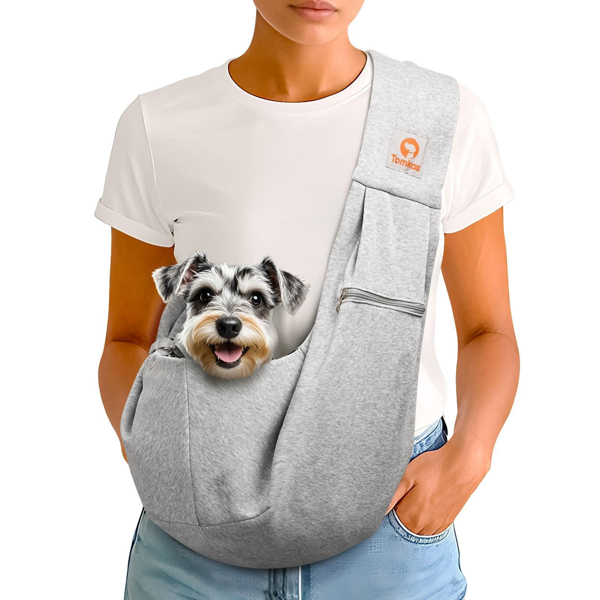 Tomkas small dog sling carrier front view showing the grey design and roomy opening for comfort on walks.