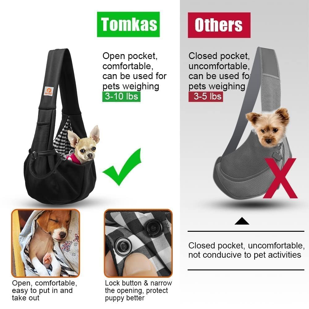 Tomkas small dog sling non-adjustable strap detail notes entry-level value