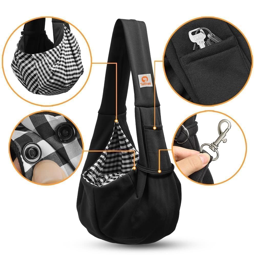 Tomkas small dog sling open front panel shows quick loading