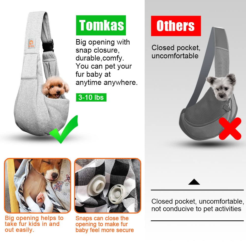 Tomkas small-dog sling in-use grey demonstrates portable pet transport
