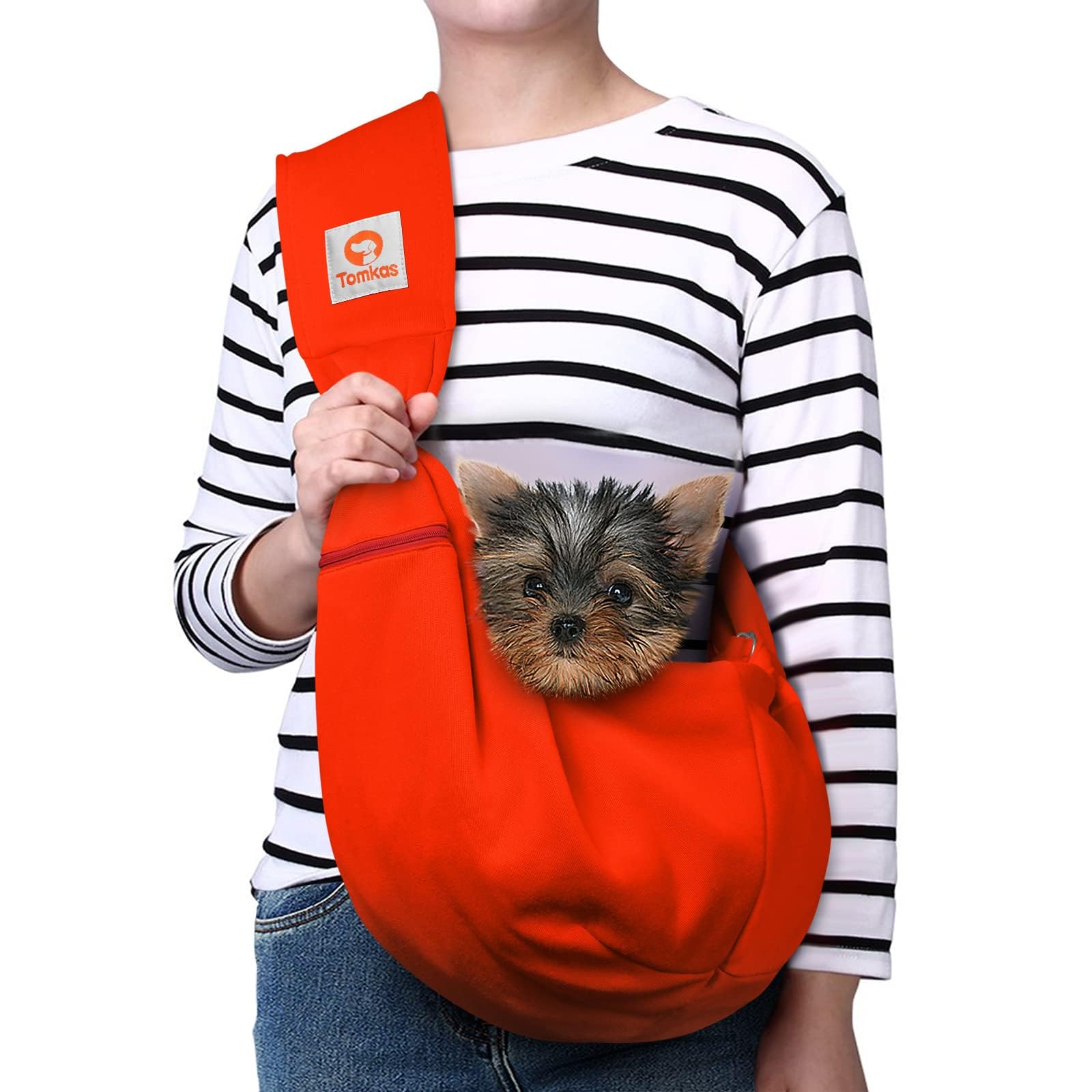 Tomkas small dog sling red with front pocket for essentials.