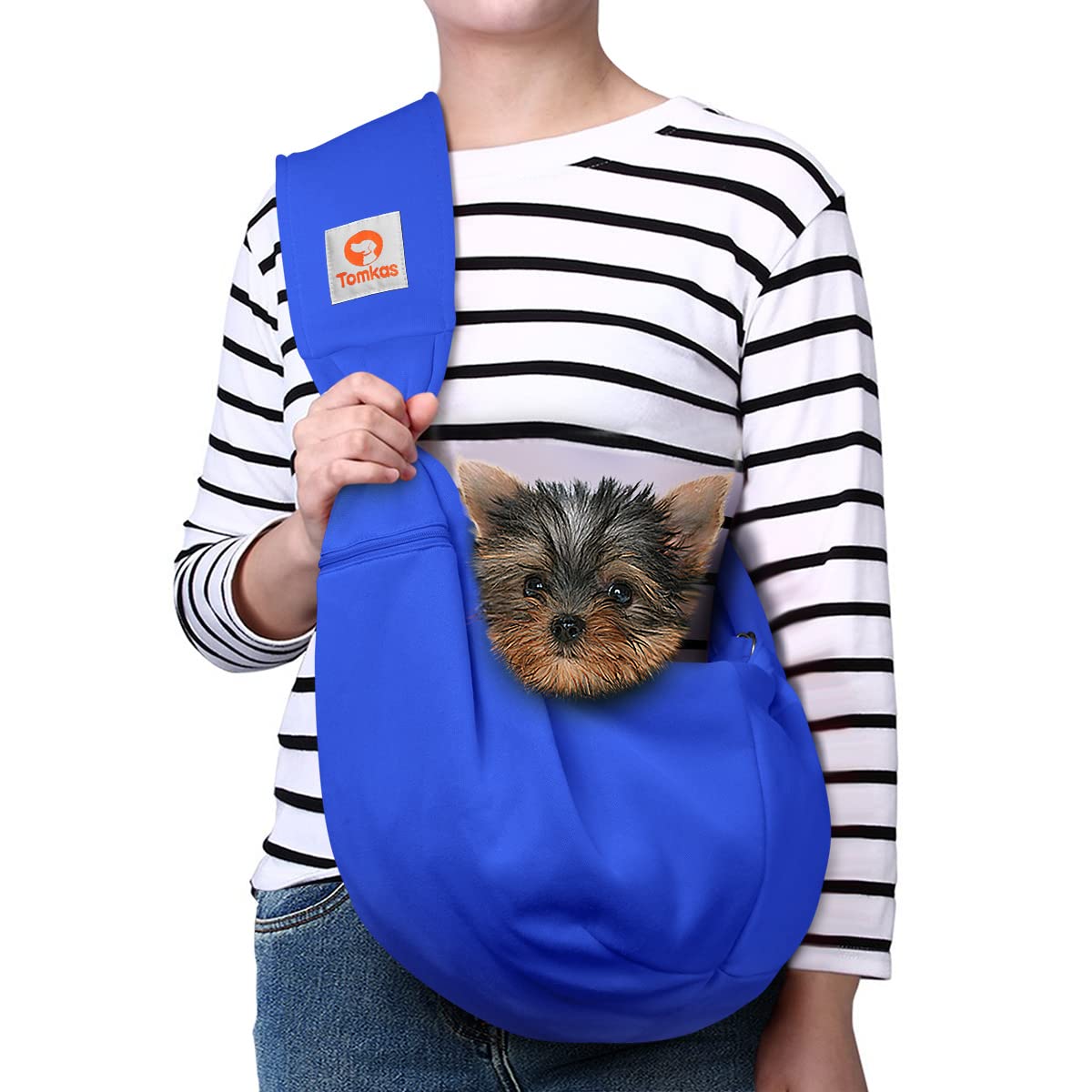 TOMKAS small dog sling in royal blue for close, comfortable carry on walks.