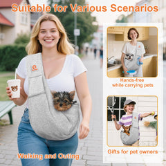 Tomkas Small Dog Sling safety buckle close-up highlights secure fit for active small dogs.