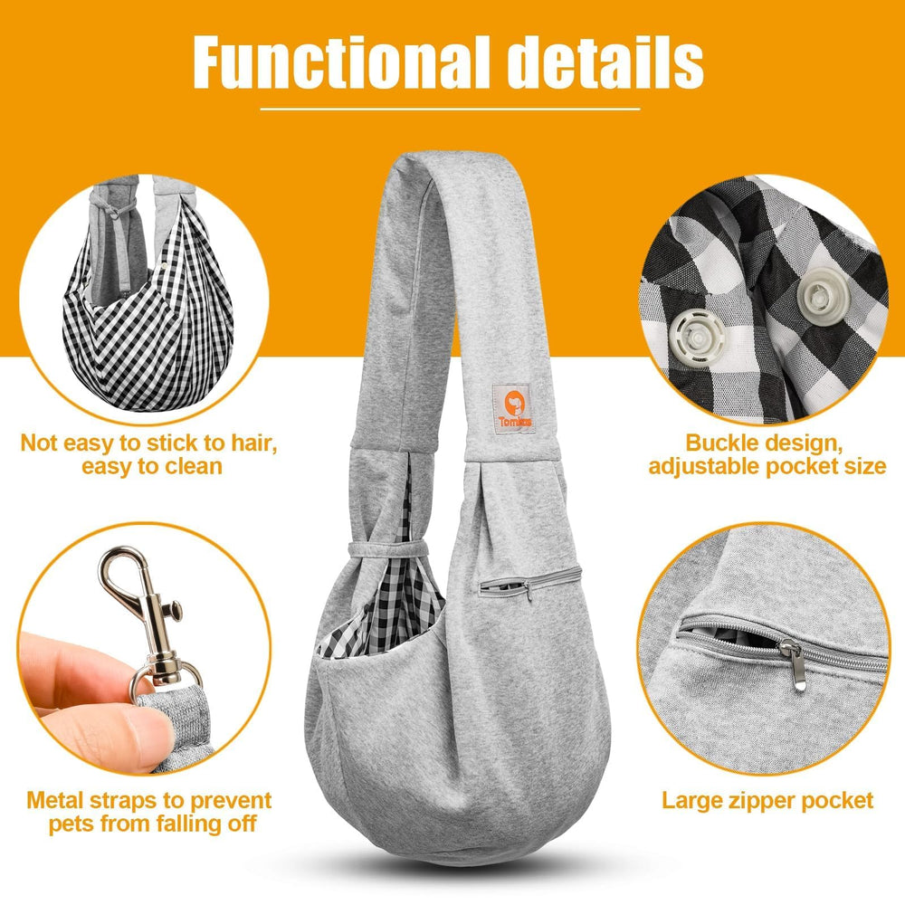 Tomkas small dog sling carrier shoulder strap adjustment for a comfortable length.