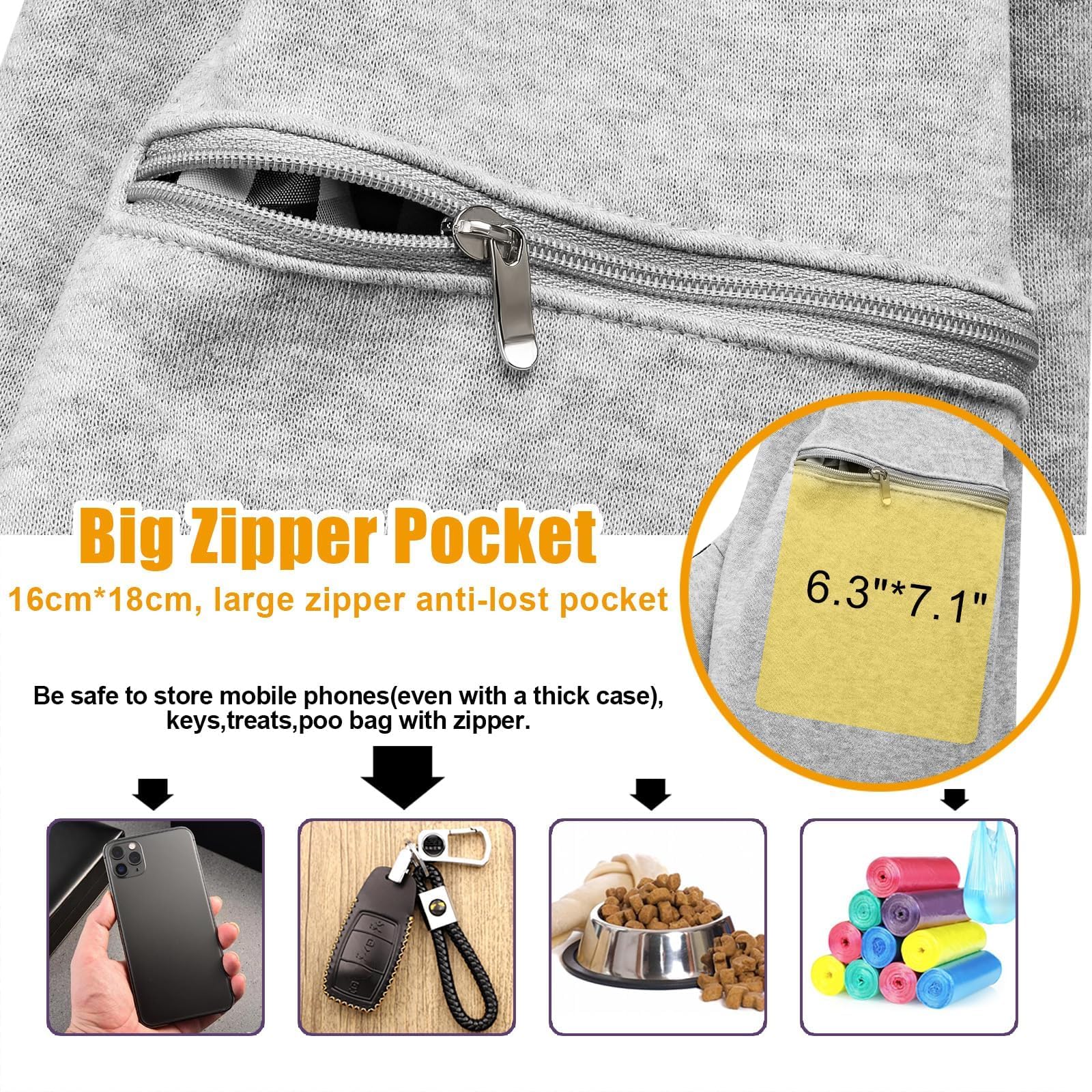 Tomkas small dog sling carrier zip pocket front for secure storage on outings.