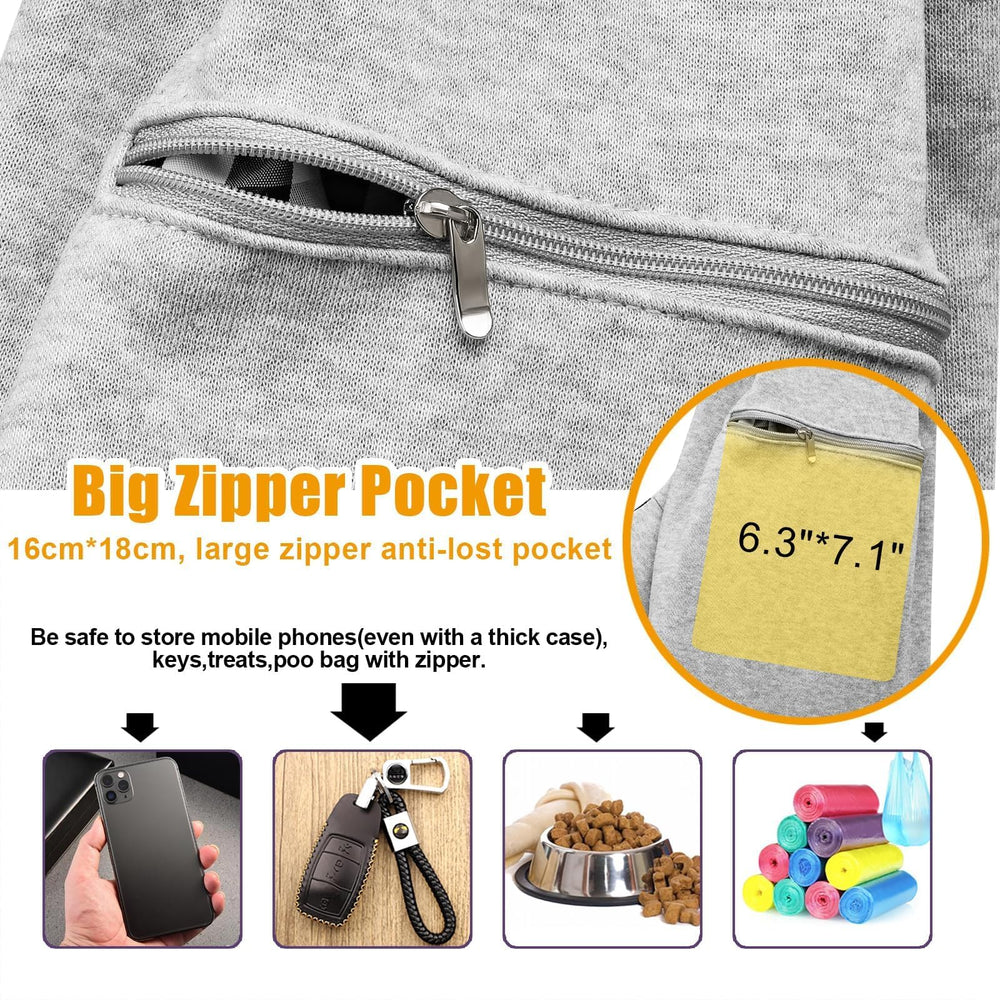 Tomkas small dog sling carrier zip pocket front for secure storage on outings.