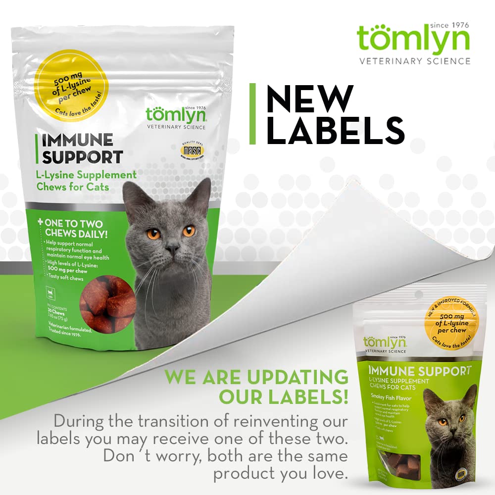 Tomlyn lysine chews on travel bag, ready for on-the-go supplementation