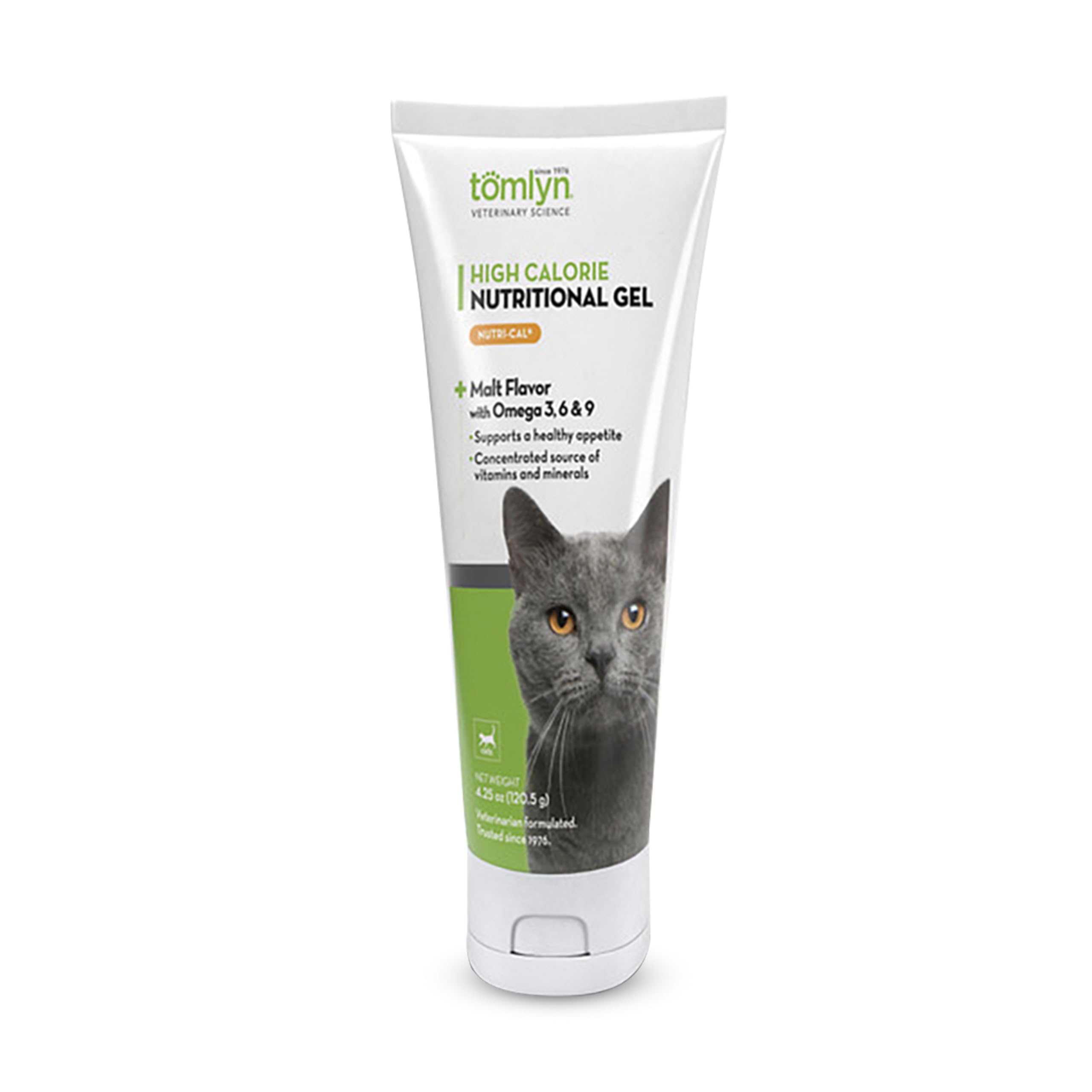 Tomlyn Nutri-Cal bottle front, a high-calorie gel that may support a cat's energy.