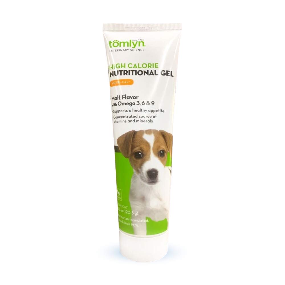 Tomlyn Nutri-Cal puppy gel jar showcases high-calorie nutrition for growing puppies.