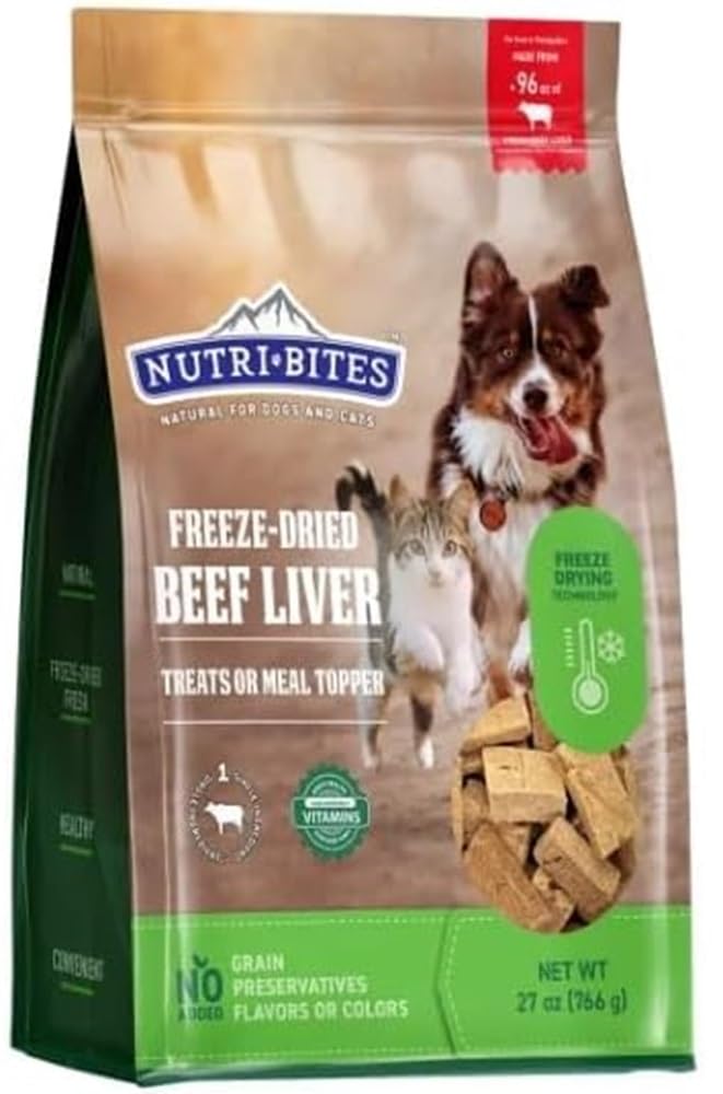 Tomo Wellness NutriBites beef liver treat pack closeup for dogs and cats, a protein-packed snack.