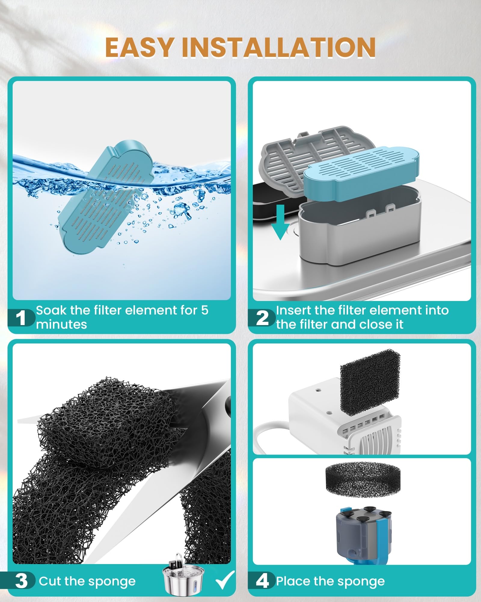 Diagram of Tomxcute's 5-layer filtration protecting cat drinking water.