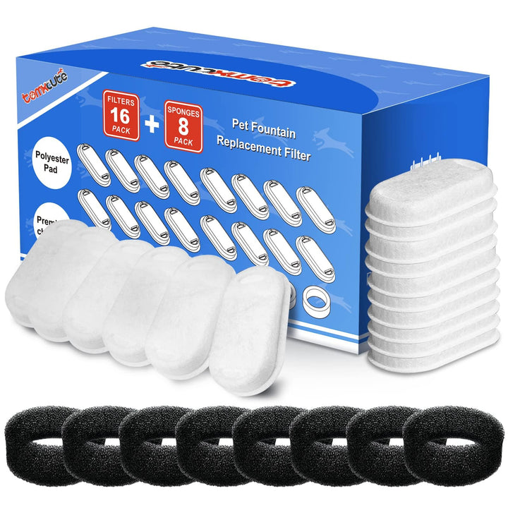 Tomxcute cat fountain filter showing 3-layer filtration for clean water