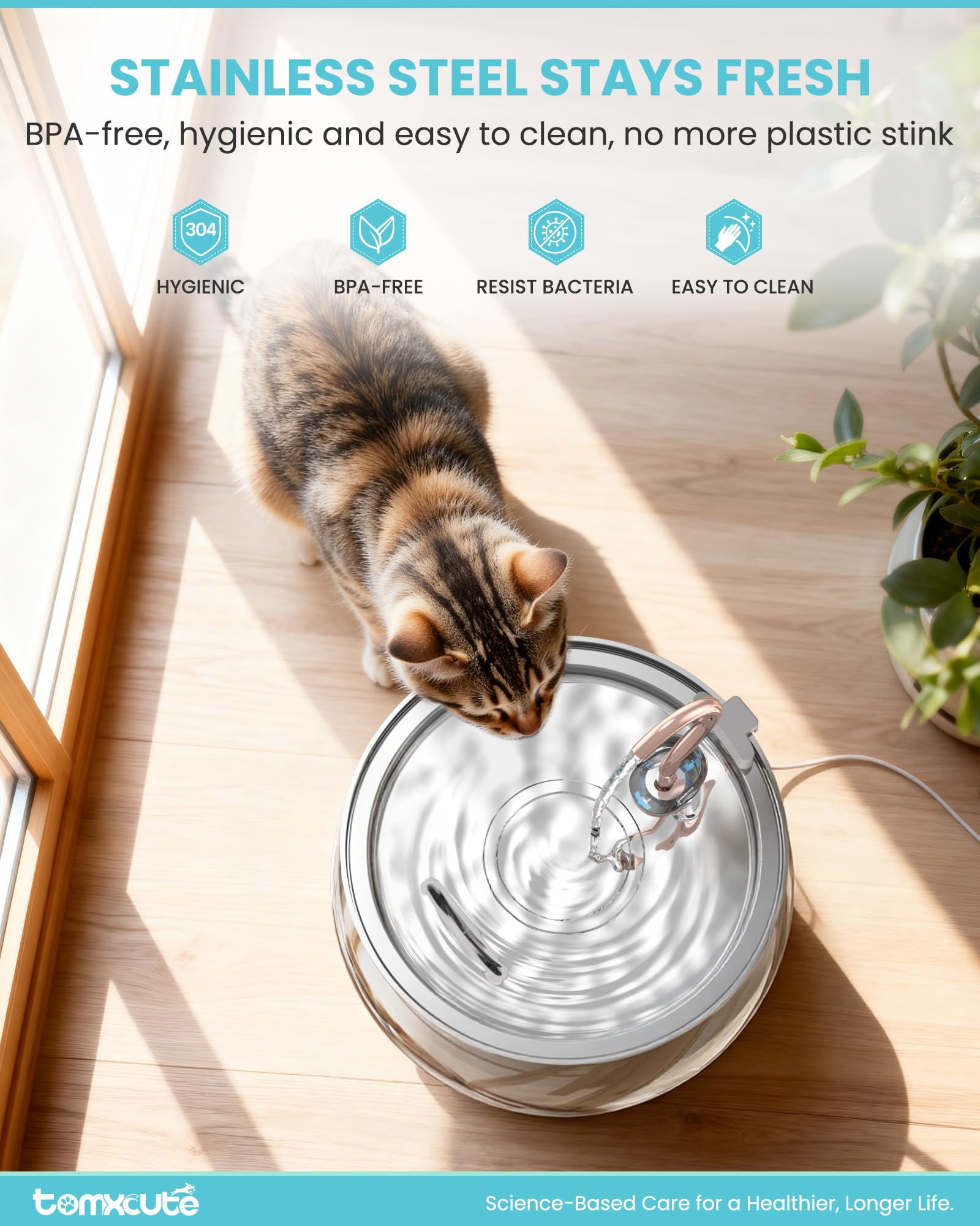 Tomxcute cat water fountain gooseneck design enhances elegant flow.