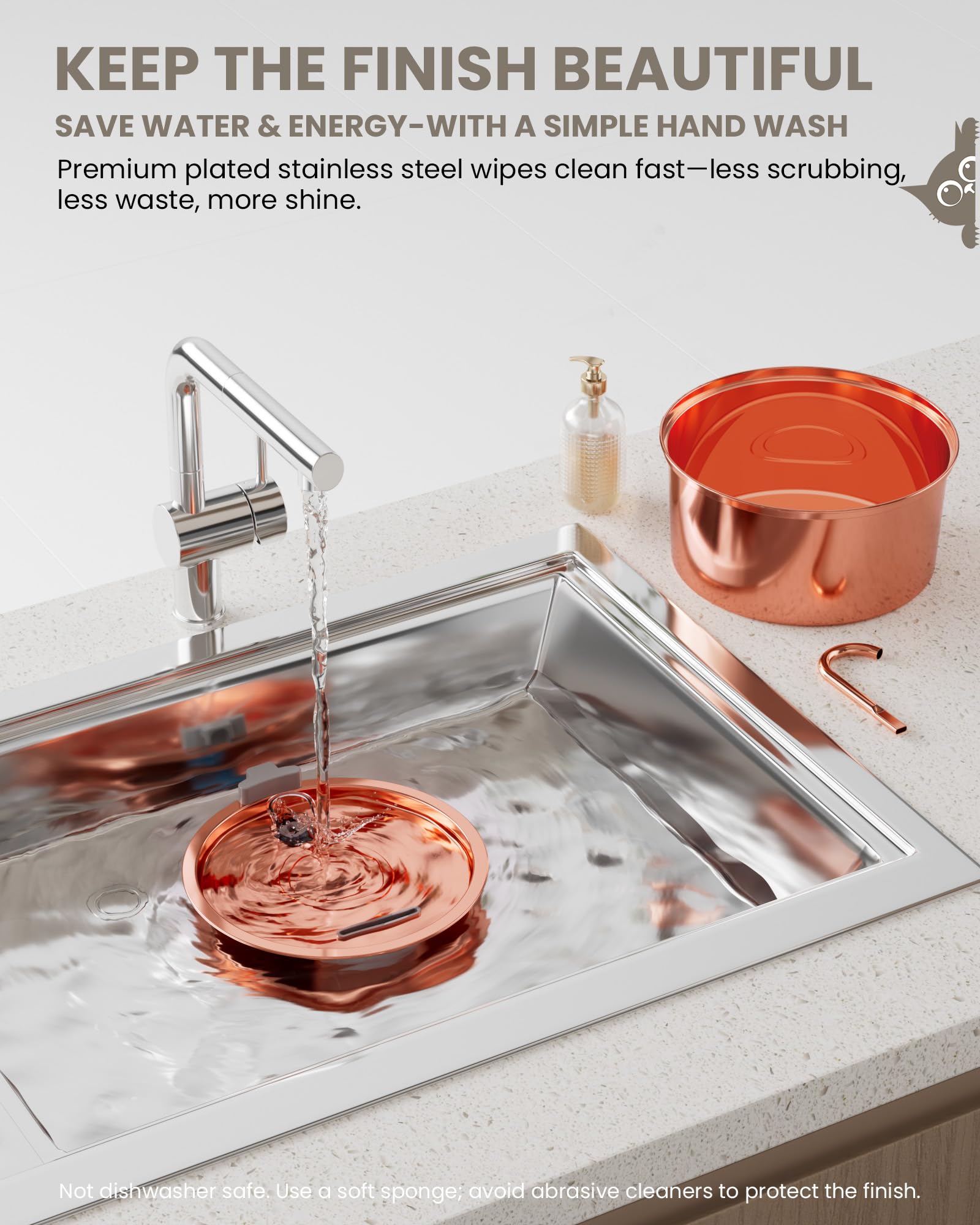 Tomxcute copper-tone fountain pump detail, quiet operation for peaceful nights