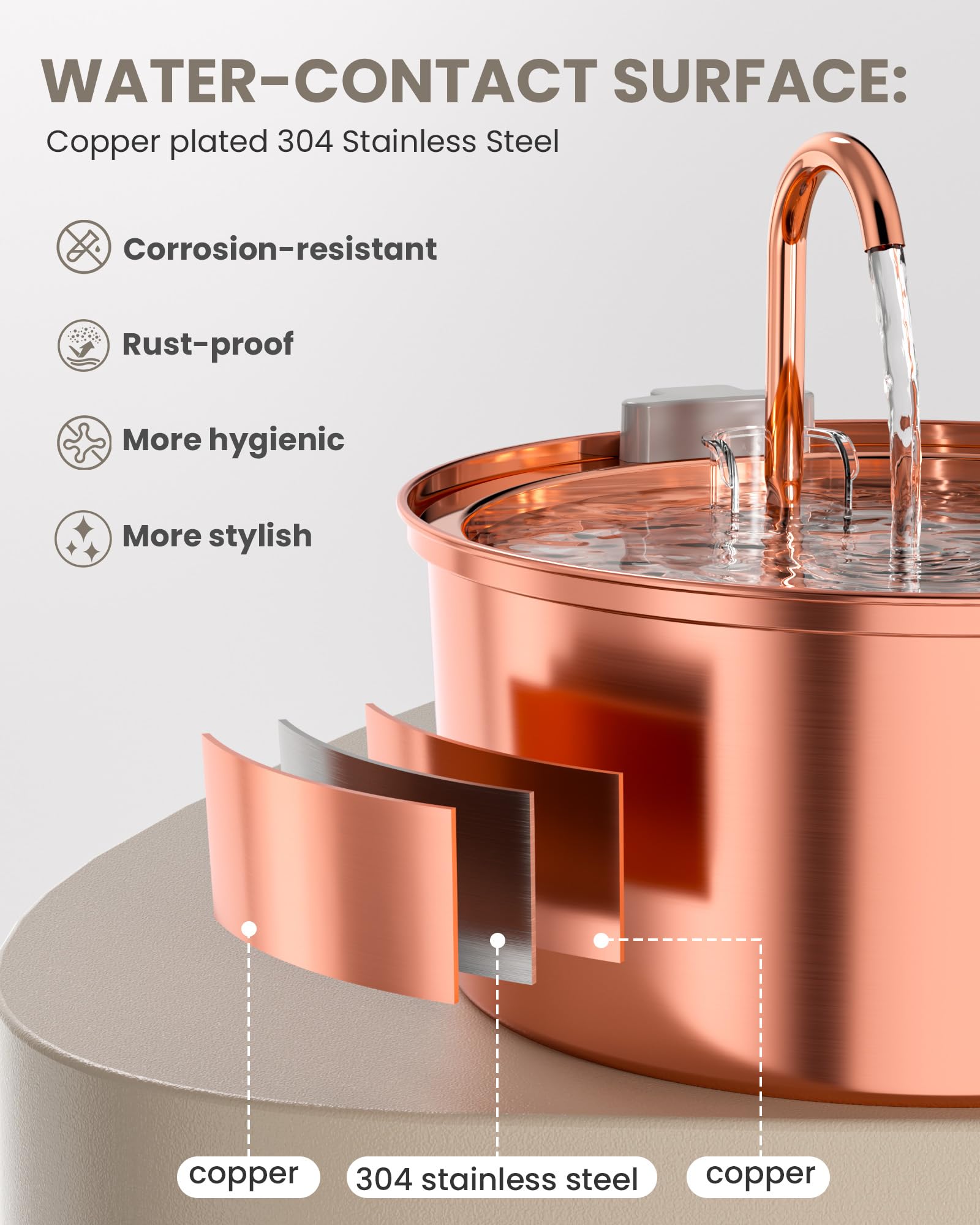 Tomxcute copper-tone fountain water flow, continuous hydration for cats
