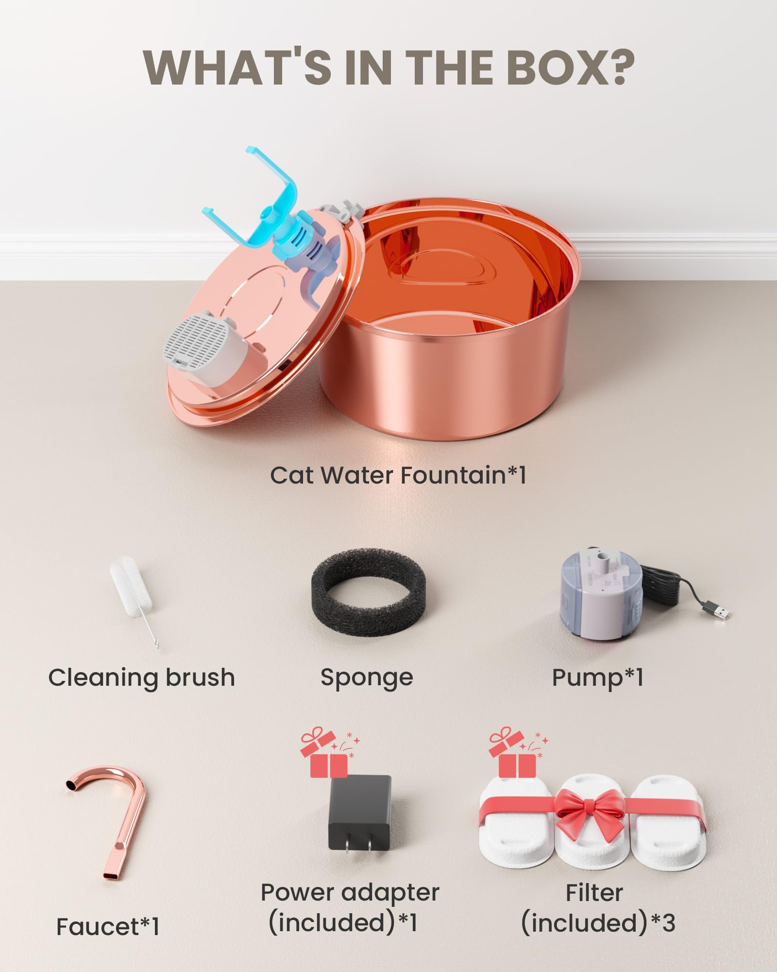 Tomxcute copper-tone fountain with pets, supports multi-pet hydration